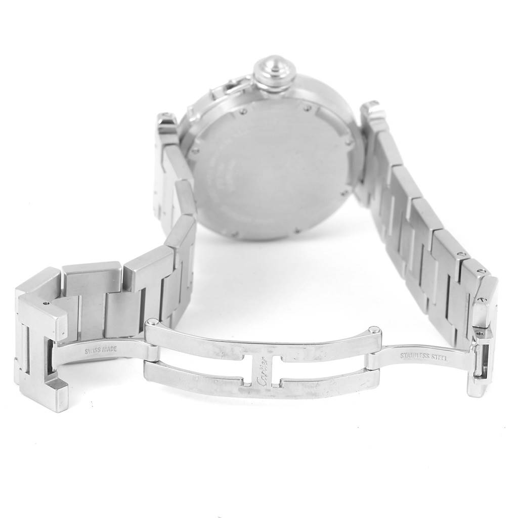 The image shows the back case and opened stainless steel bracelet of a Cartier Pasha W31074M7 Stainless Steel White Dial W31074M7 Stainless Steel White Dial watch, highlighting the clasp.