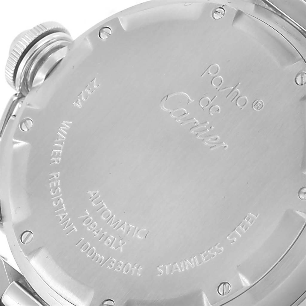 The image shows the back case of a Cartier Pasha W31074M7 Stainless Steel White Dial W31074M7 Stainless Steel White Dial watch, highlighting the water resistance and stainless steel details.