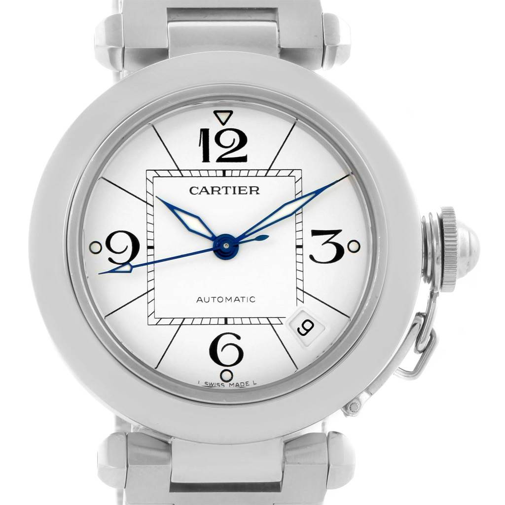This image shows the front view of a Cartier Pasha W31074M7 Stainless Steel White Dial W31074M7 Stainless Steel White Dial watch displaying its dial, hands, hours markers, and date window.