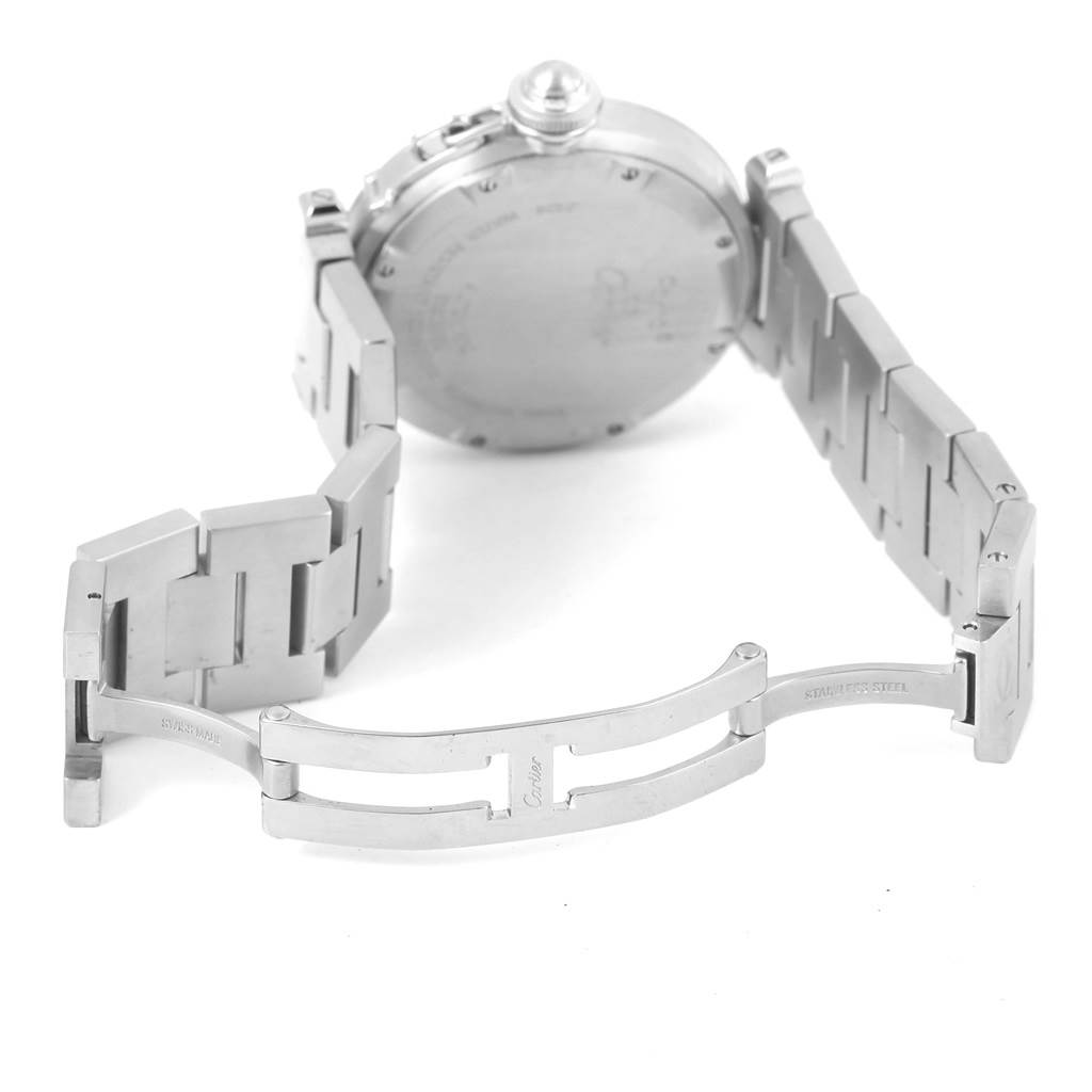 The image shows the back and partially open bracelet clasp of a Cartier Pasha W31074M7 Stainless Steel White Dial W31074M7 Stainless Steel White Dial watch.