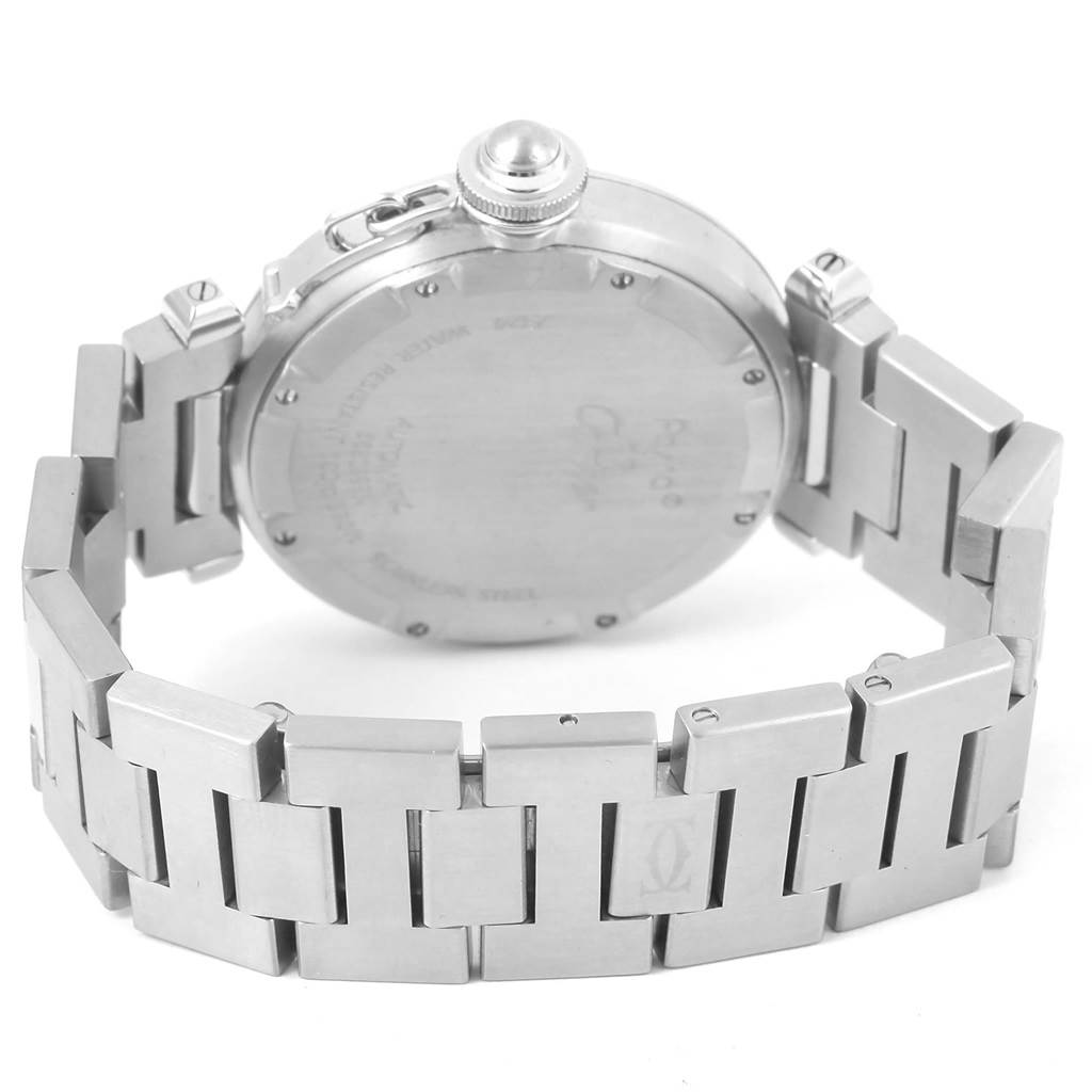 The image shows the back case and bracelet of a Cartier Pasha W31074M7 Stainless Steel White Dial W31074M7 Stainless Steel White Dial watch, taken from a rear angle.
