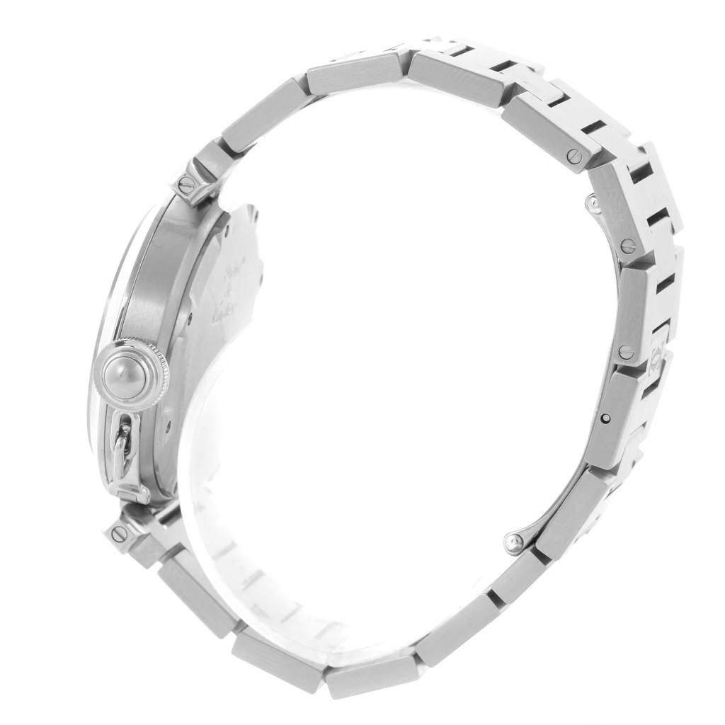 This image shows a side view of the Cartier Pasha W31074M7 Stainless Steel White Dial W31074M7 Stainless Steel White Dial watch, highlighting the watch crown and metal bracelet.
