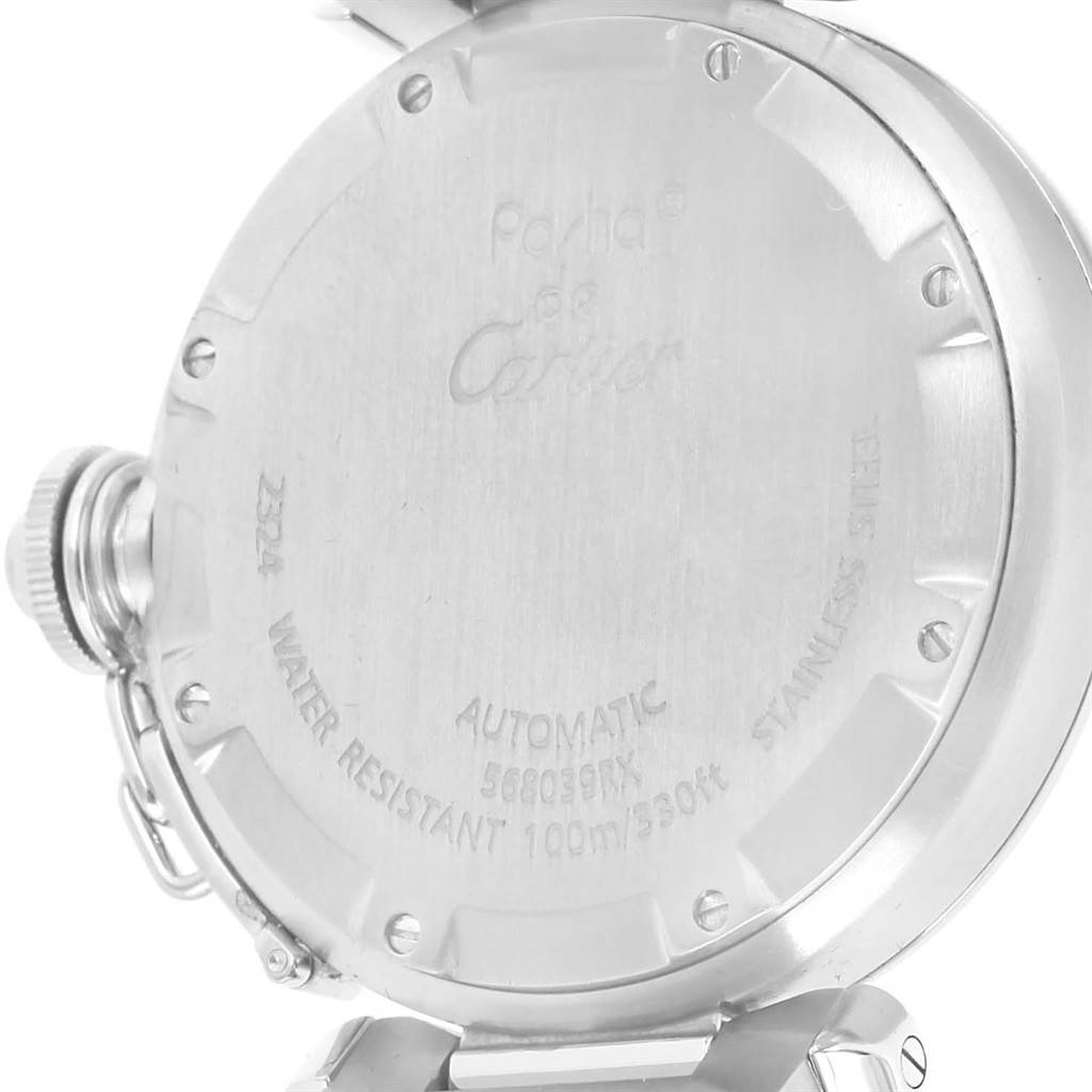 The image shows the back case of a Cartier Pasha W31074M7 Stainless Steel White Dial W31074M7 Stainless Steel White Dial watch with engravings and the crown guard visible.