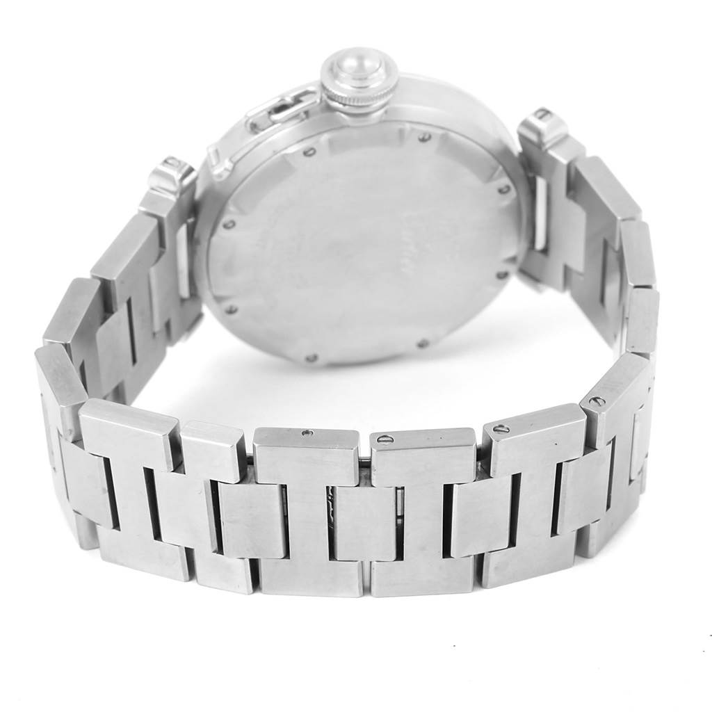 The image shows the back view of a Cartier Pasha W31074M7 Stainless Steel White Dial W31074M7 Stainless Steel White Dial watch, highlighting the case back and metal bracelet.