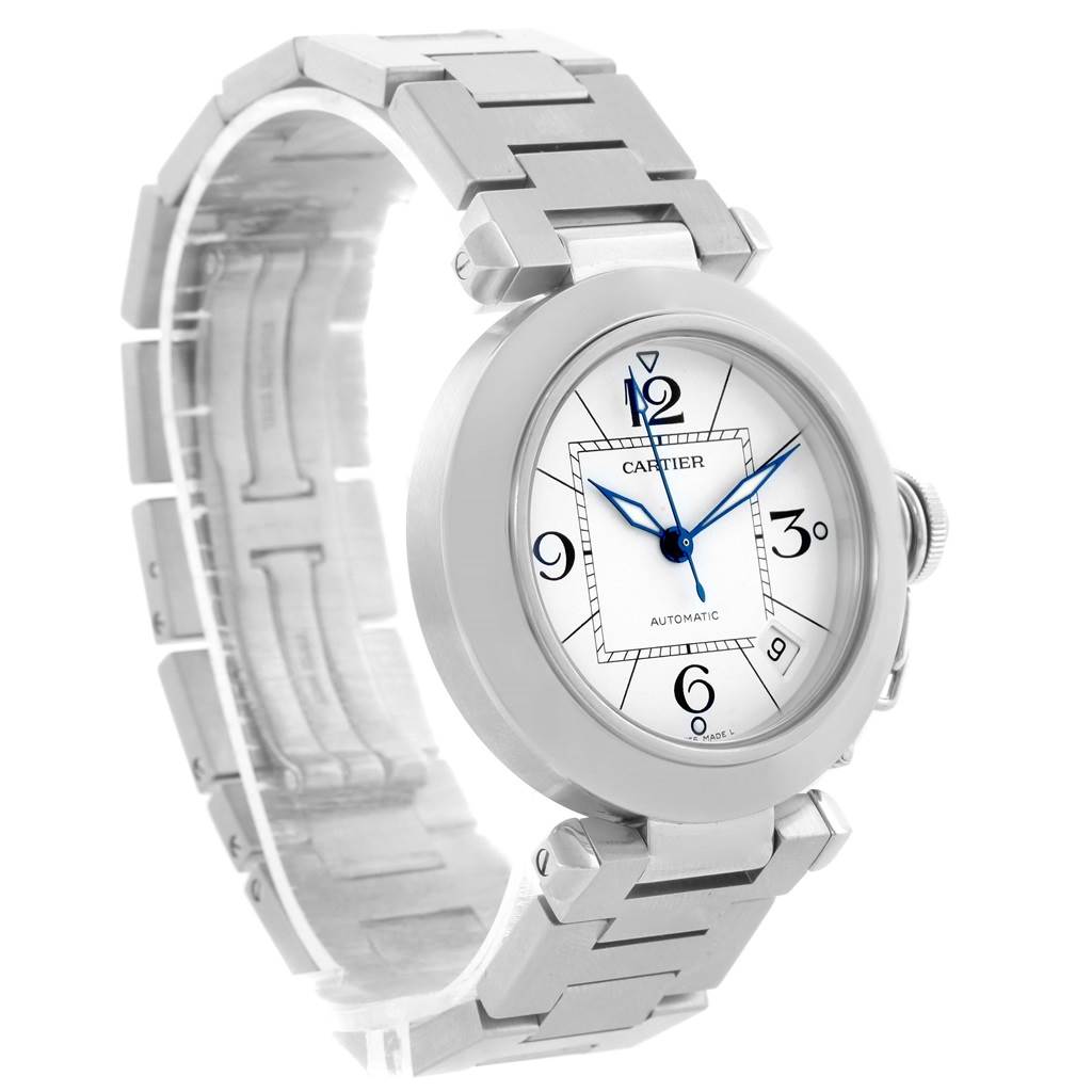 The image shows the Cartier Pasha W31074M7 Stainless Steel White Dial W31074M7 Stainless Steel White Dial watch at a slight angle, displaying the round dial, bracelet, and side crown.