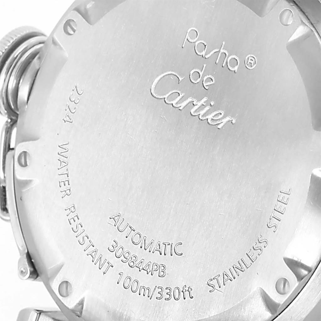 This is the back case of a Cartier Pasha W31074M7 Stainless Steel White Dial W31074M7 Stainless Steel White Dial watch, showing engraving details and the crown guard.