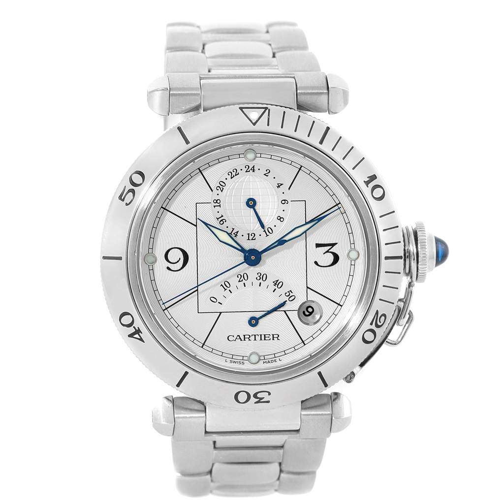 The image shows the face and bracelet of a Cartier Pasha W31037H3 Men's Stainless Steel Silver Dial W31037H3 Men's Stainless Steel Silver Dial model watch, viewed from the front.