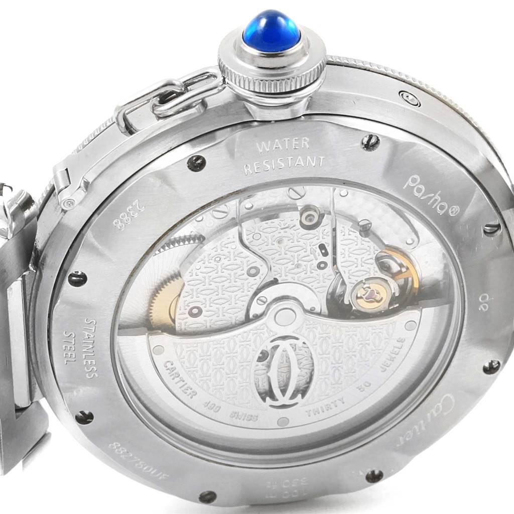 The image shows the back view of a Pasha model watch by Cartier, highlighting the movement and water resistance details.