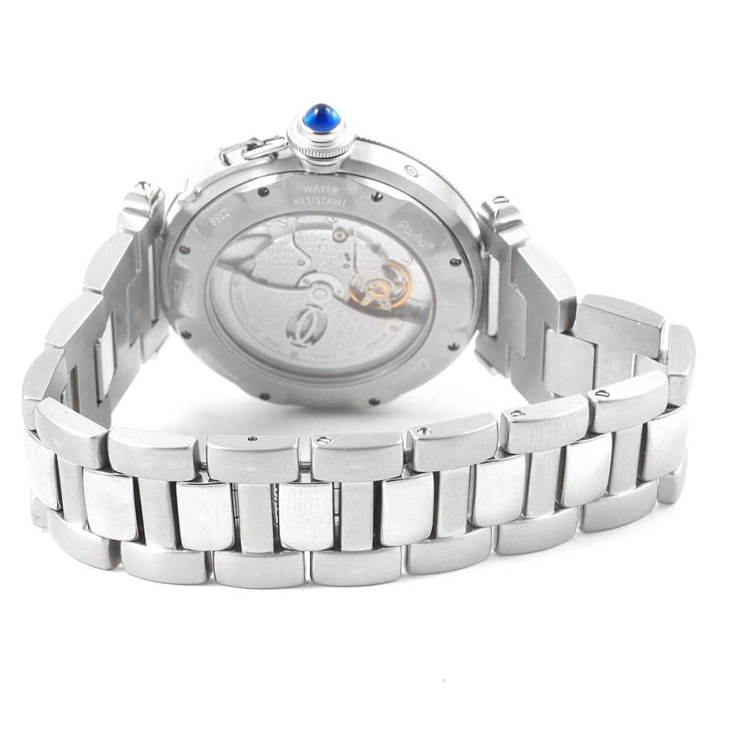 The image shows the back view of a Cartier Pasha W31037H3 Men's Stainless Steel Silver Dial W31037H3 Men's Stainless Steel Silver Dial watch, focusing on its metal bracelet and the transparent case back.