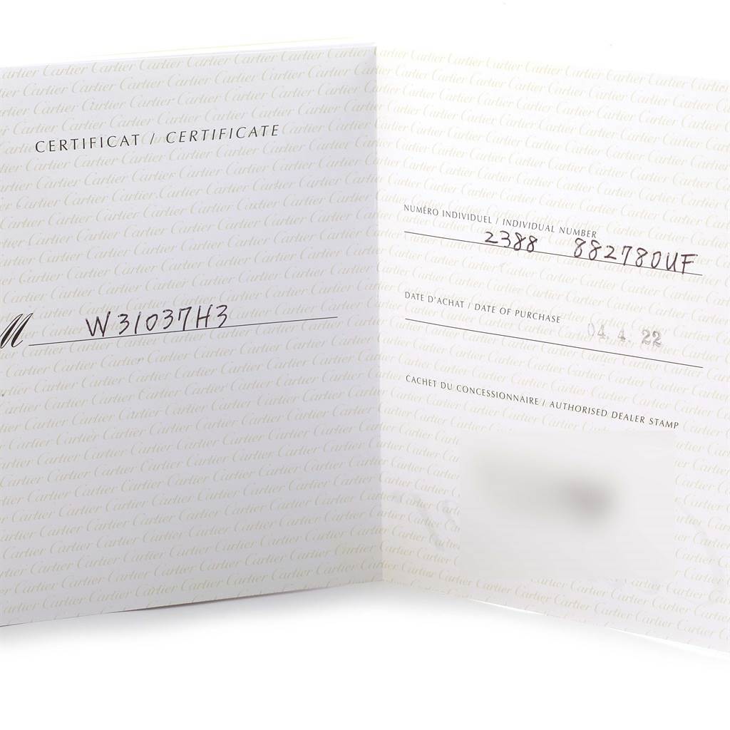 This image shows the certificate for a Cartier Pasha W31037H3 Men's Stainless Steel Silver Dial W31037H3 Men's Stainless Steel Silver Dial model.