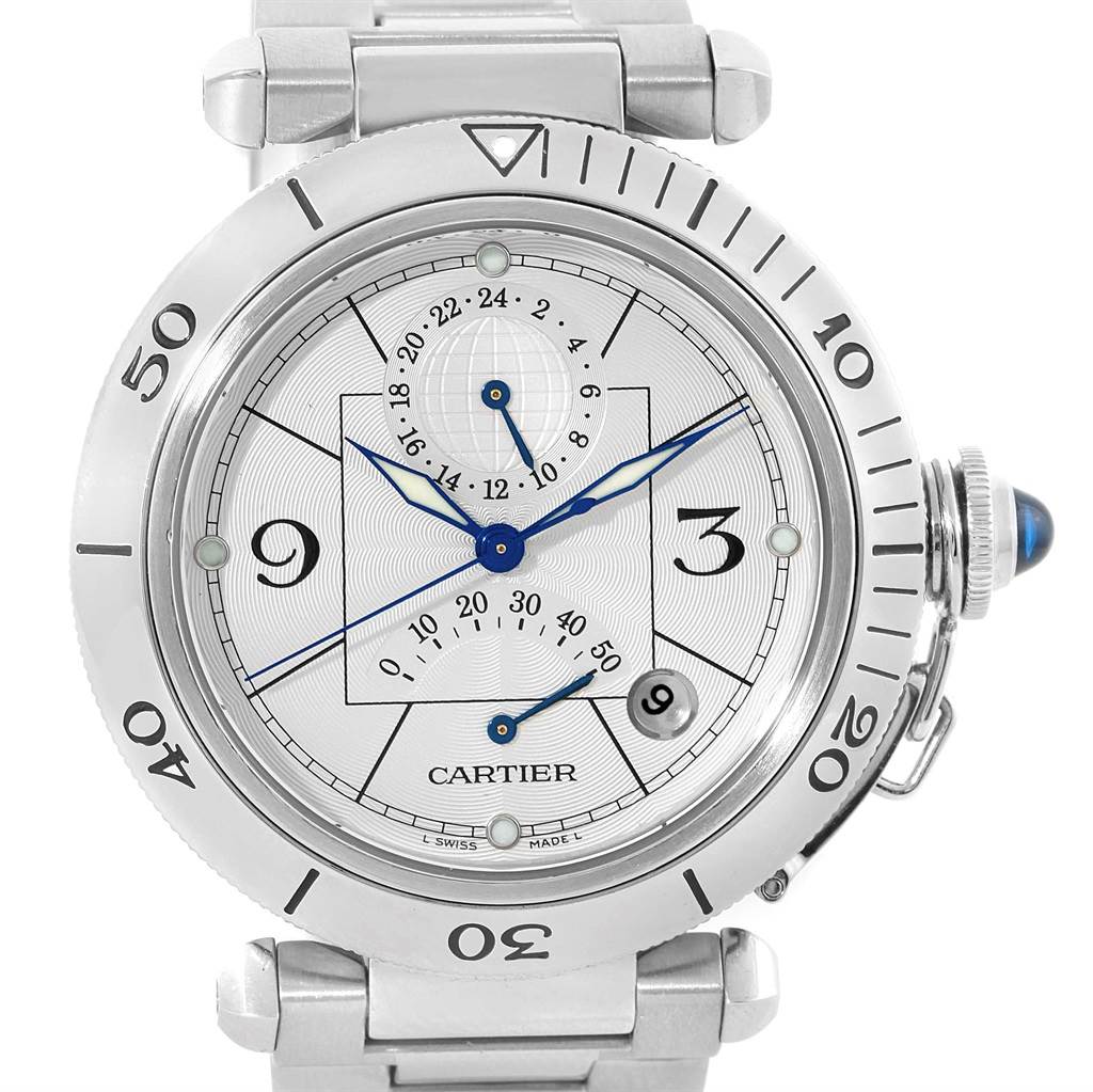 The image shows a front view of a Cartier Pasha W31037H3 Men's Stainless Steel Silver Dial W31037H3 Men's Stainless Steel Silver Dial watch, displaying its dial, bezel, and part of the metal strap.
