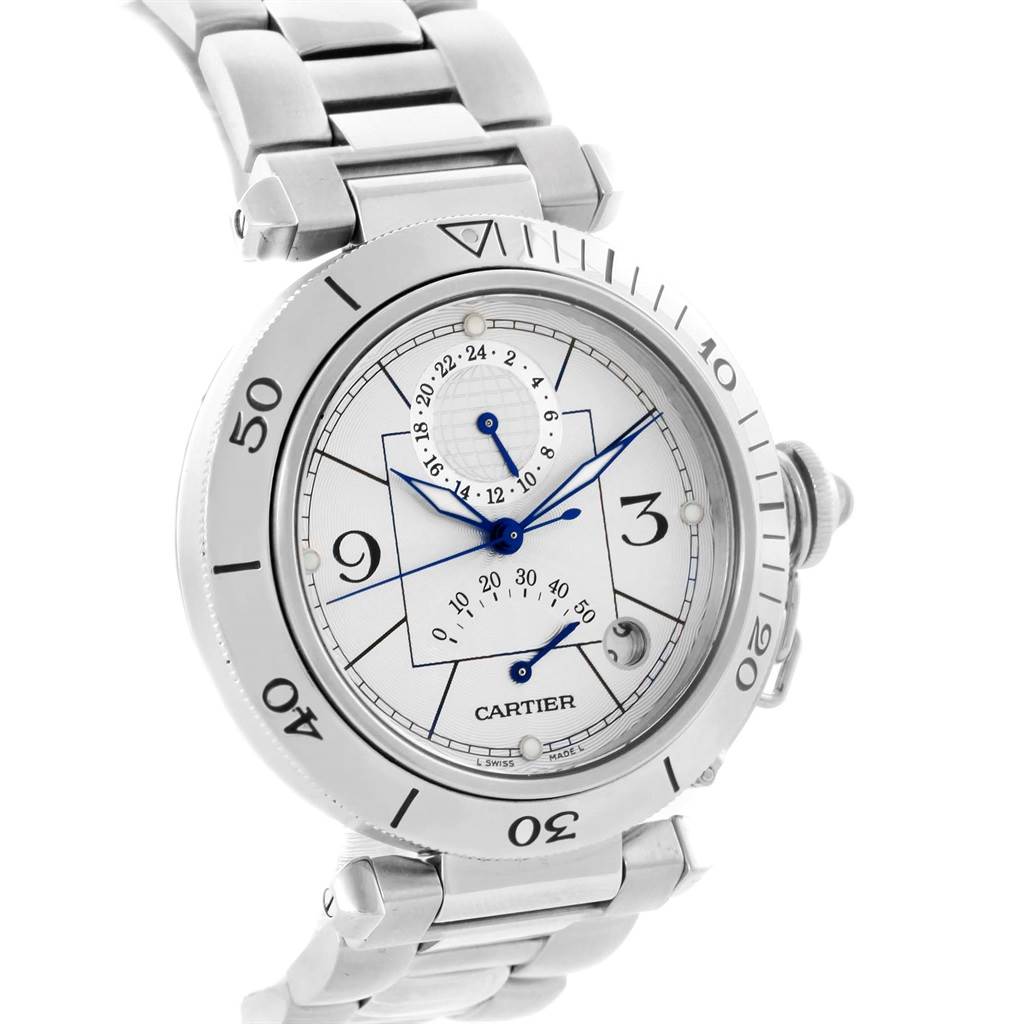 The image shows a Cartier Pasha W31037H3 Men's Stainless Steel Silver Dial W31037H3 Men's Stainless Steel Silver Dial watch at a slight angle, prominently displaying its dial, bezel, and bracelet.