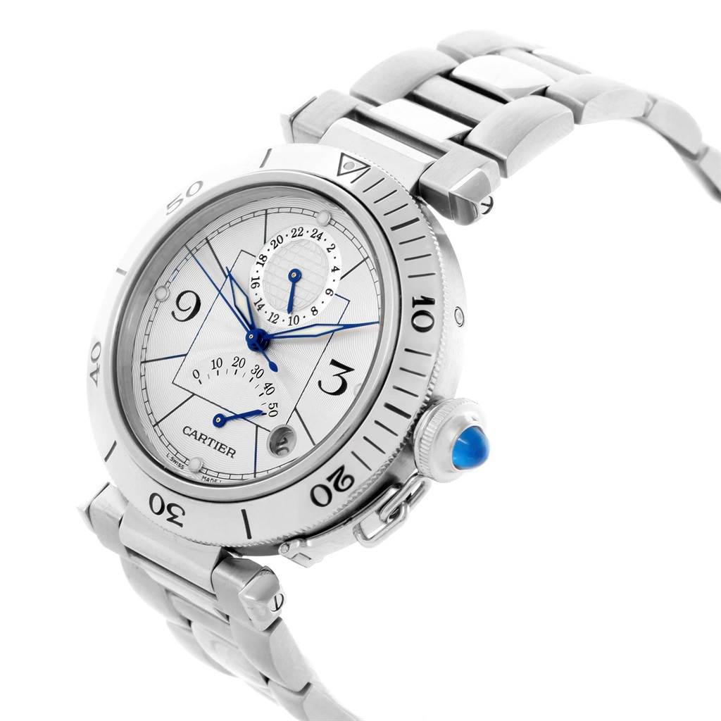 The Cartier Pasha W31037H3 Men's Stainless Steel Silver Dial W31037H3 Men's Stainless Steel Silver Dial watch is shown at a front angle, displaying the face, bezel, crown, and part of the bracelet.