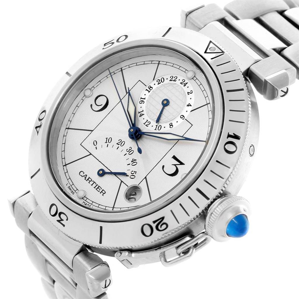 The Cartier Pasha W31037H3 Men's Stainless Steel Silver Dial W31037H3 Men's Stainless Steel Silver Dial watch is shown at an angle highlighting the bezel, dial, crown, and part of the bracelet.