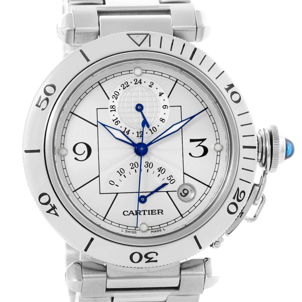 This image shows a frontal view of the Cartier Pasha W31037H3 Men's Stainless Steel Silver Dial W31037H3 Men's Stainless Steel Silver Dial model watch, focusing on its face and bezel.