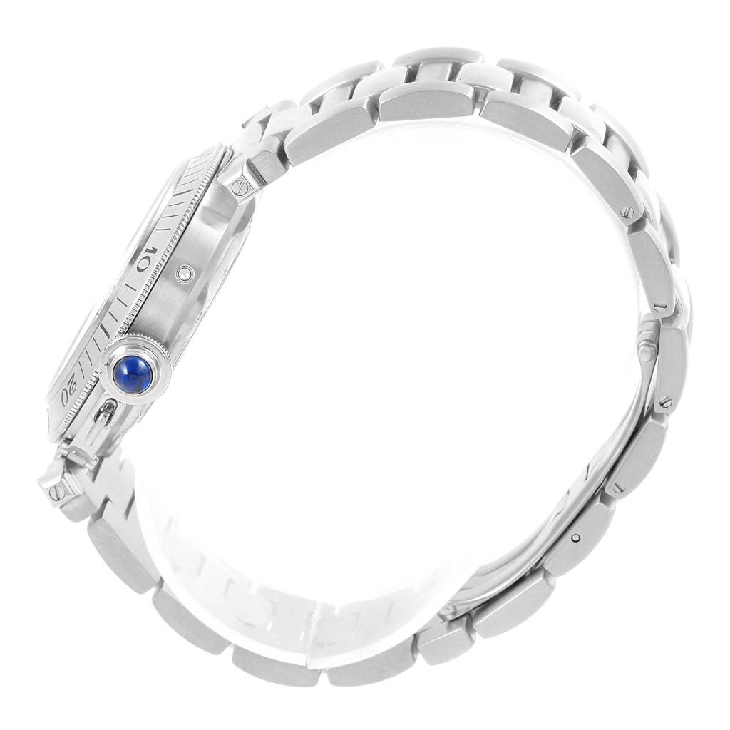 The Cartier Pasha W31037H3 Men's Stainless Steel Silver Dial W31037H3 Men's Stainless Steel Silver Dial watch is shown from a side angle, highlighting its bracelet, bezel, and crown.