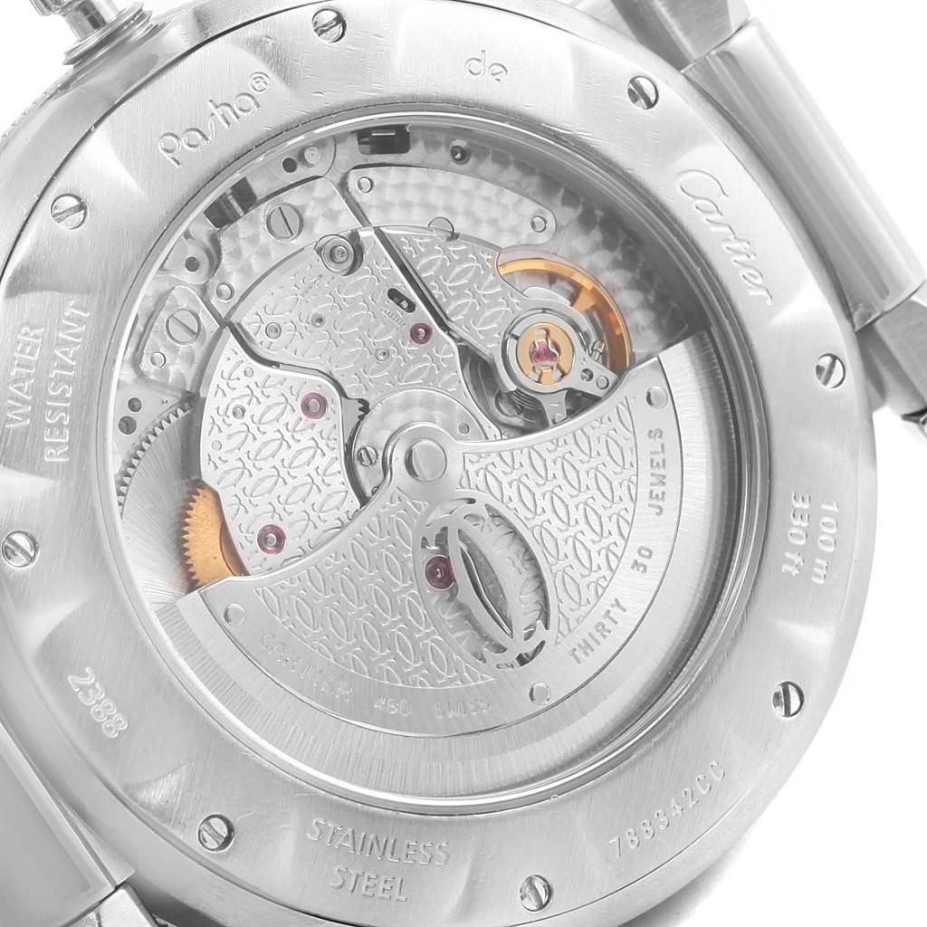 This image shows the case back of the Cartier Pasha W31037H3 Men's Stainless Steel Silver Dial W31037H3 Men's Stainless Steel Silver Dial watch, highlighting the intricate mechanical movement inside.