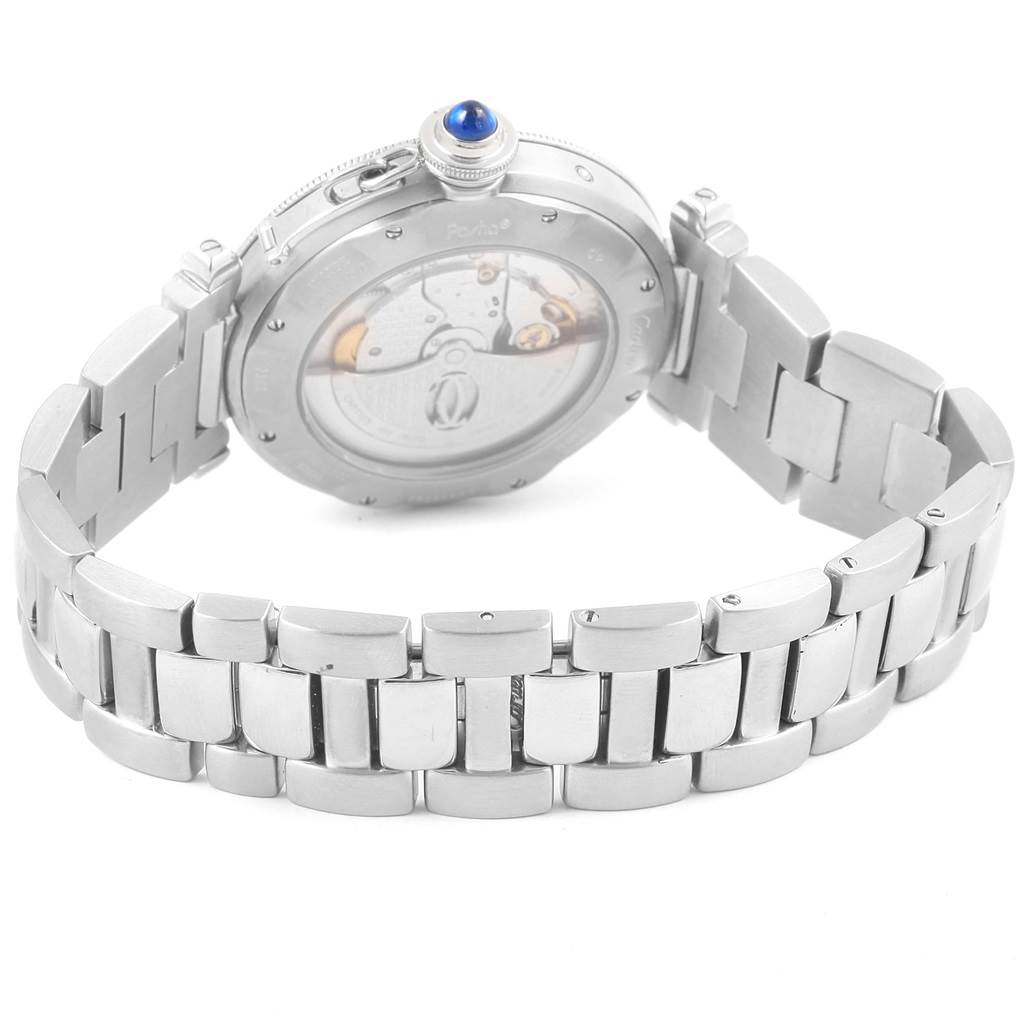 The image shows the back view and part of the bracelet of a Cartier Pasha W31037H3 Men's Stainless Steel Silver Dial W31037H3 Men's Stainless Steel Silver Dial watch, highlighting its case back and stainless steel bracelet.