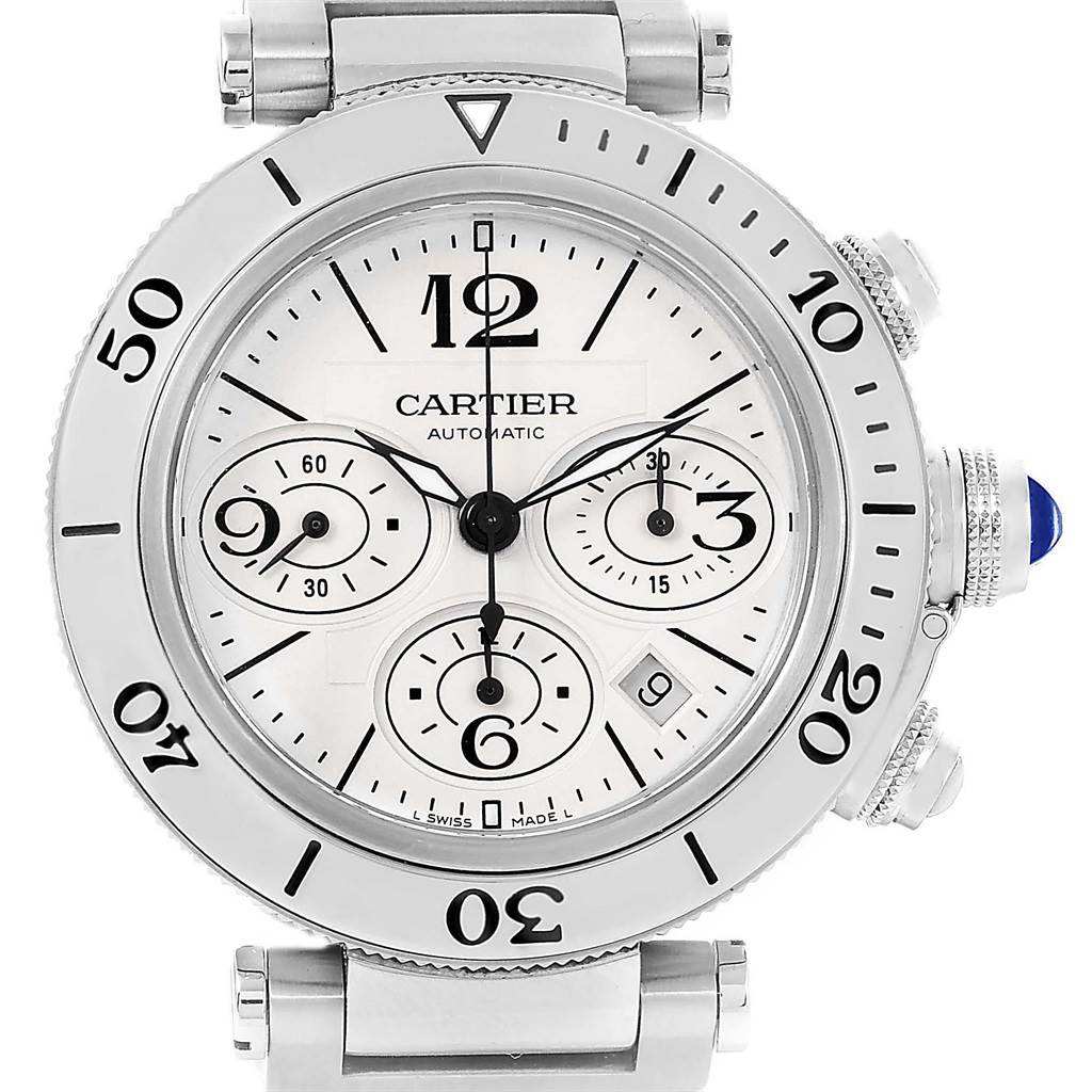 This image shows a frontal view of a Cartier Pasha W31089M7 Men's Stainless Steel Silver Dial W31089M7 Men's Stainless Steel Silver Dial watch, detailing the bezel, dial, and sub-dials.