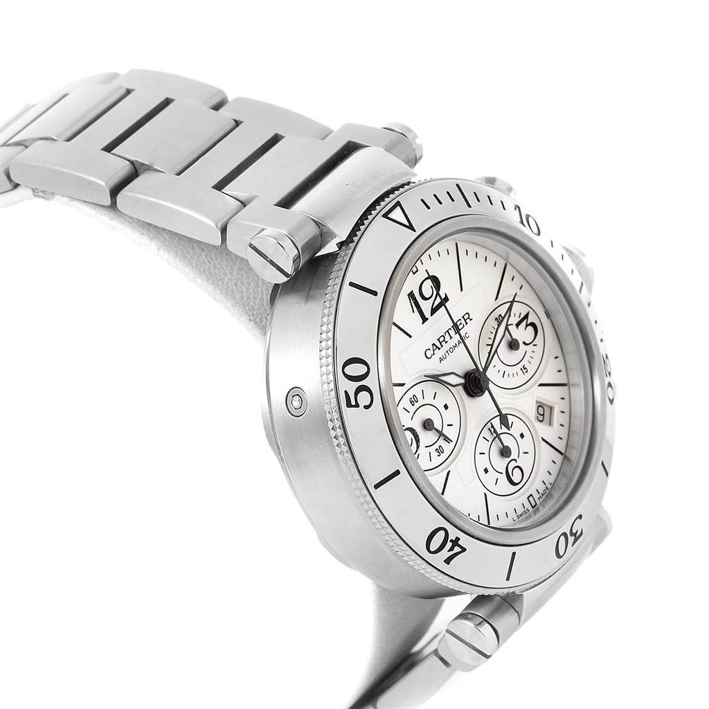 This image shows a side and partial front angle of the Cartier Pasha W31089M7 Men's Stainless Steel Silver Dial W31089M7 Men's Stainless Steel Silver Dial watch, highlighting the dial and stainless steel bracelet.