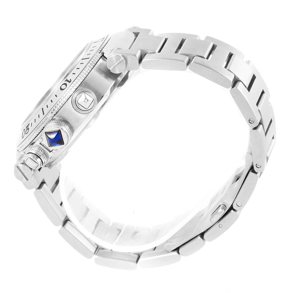 The image shows a side view of the Cartier Pasha W31089M7 Men's Stainless Steel Silver Dial W31089M7 Men's Stainless Steel Silver Dial watch, highlighting the bezel, crown, and bracelet.