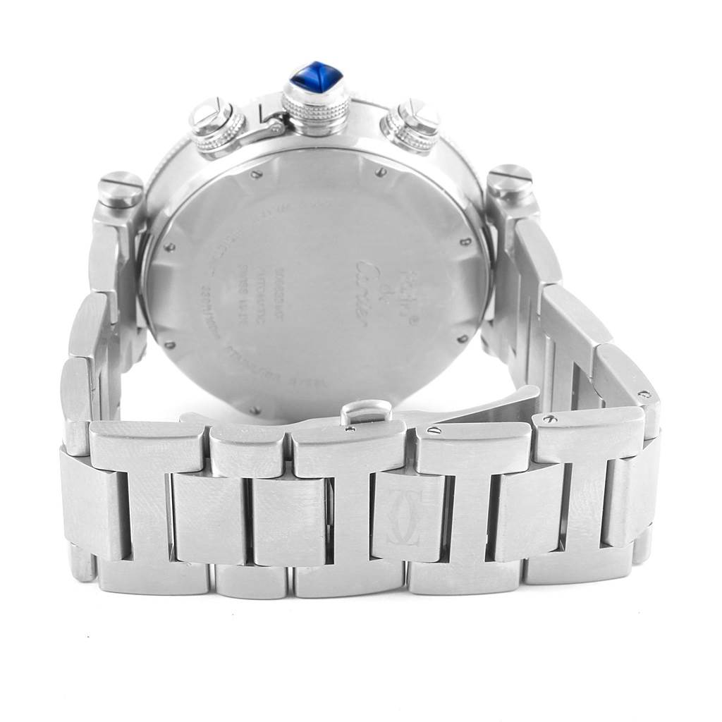The image shows the back case and bracelet of a Cartier Pasha W31089M7 Men's Stainless Steel Silver Dial W31089M7 Men's Stainless Steel Silver Dial watch from a rear angle.
