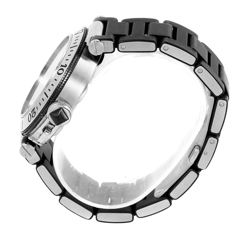 The image shows a side view of the Cartier Pasha W31077U2 Men's Stainless Steel Black Dial W31077U2 Men's Stainless Steel Black Dial model watch, focusing on the case, crown, and part of the bracelet.