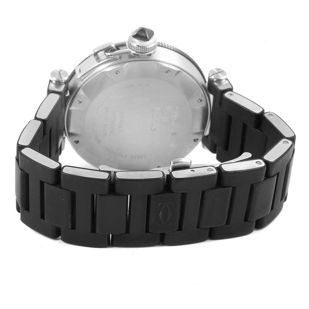The image shows the back and bracelet of a Cartier Pasha W31077U2 Men's Stainless Steel Black Dial W31077U2 Men's Stainless Steel Black Dial watch at an angle highlighting the clasp and case back.