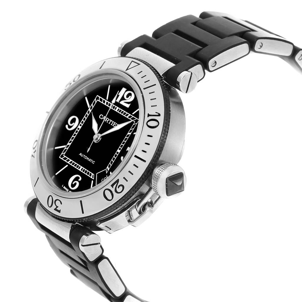 The image shows a Cartier Pasha W31077U2 Men's Stainless Steel Black Dial W31077U2 Men's Stainless Steel Black Dial watch at a side angle highlighting the black dial and metal bracelet.