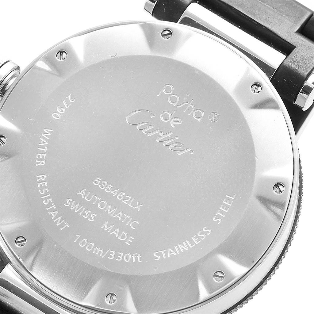 The image shows the back of a Cartier Pasha W31077U2 Men's Stainless Steel Black Dial W31077U2 Men's Stainless Steel Black Dial watch, highlighting its stainless steel case and engraved details.