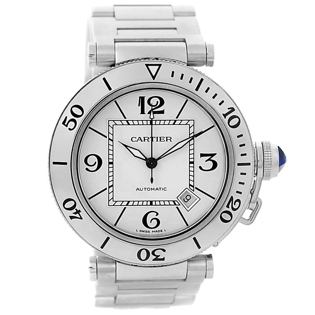 The Cartier Pasha W31080M7 Men's Stainless Steel Silver Dial W31080M7 Men's Stainless Steel Silver Dial watch is shown from a front angle, displaying its dial, bezel, crown, and part of the bracelet.