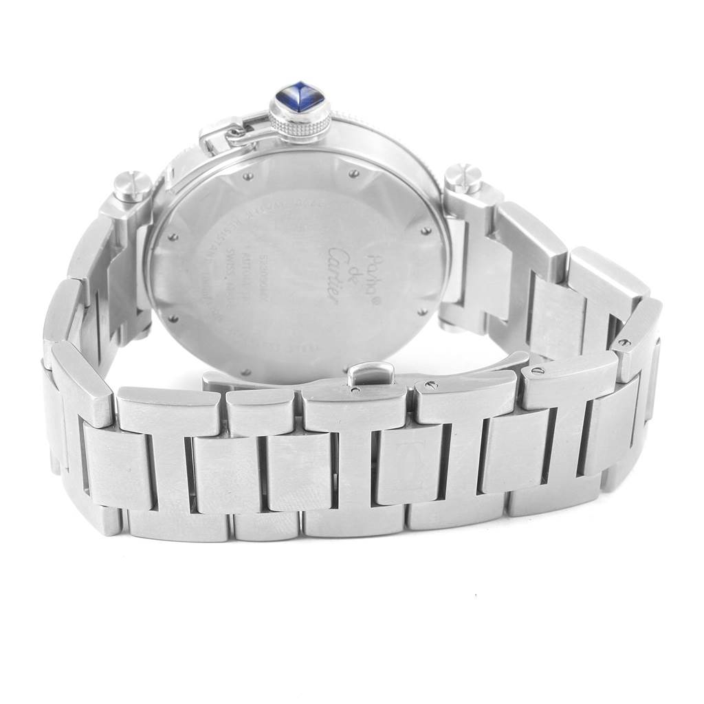 The image shows the back case and bracelet of the Cartier Pasha W31080M7 Men's Stainless Steel Silver Dial W31080M7 Men's Stainless Steel Silver Dial watch, featuring a crown with a blue cabochon.