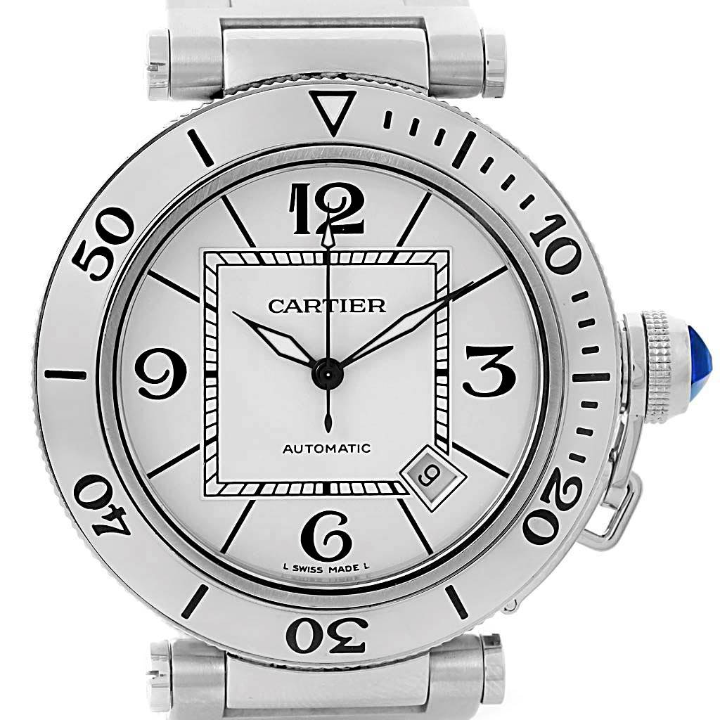 The image shows a Cartier Pasha W31080M7 Men's Stainless Steel Silver Dial W31080M7 Men's Stainless Steel Silver Dial model watch from a front-facing angle, highlighting the dial, bezel, and lugs.