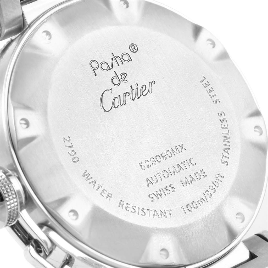 This image shows the back case of a Pasha de Cartier watch, highlighting model details and water resistance information.