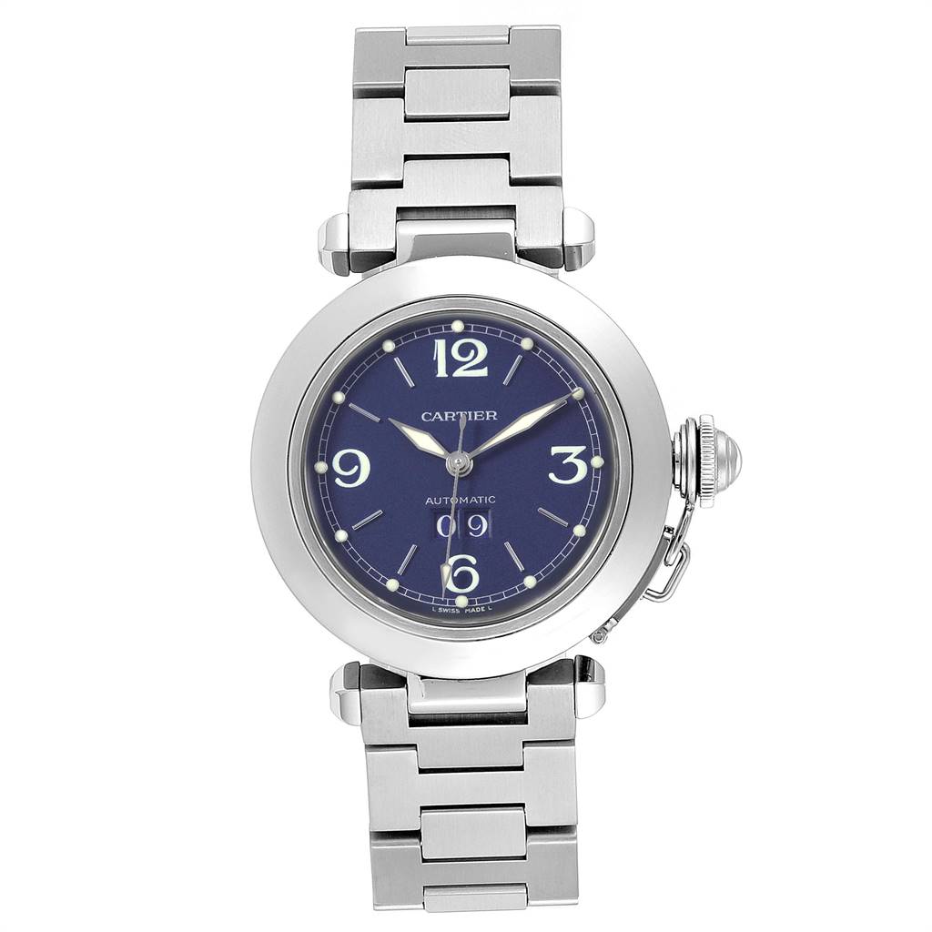 The image shows a front view of a Cartier Pasha W31047M7 Men's Stainless Steel Blue Dial W31047M7 Men's Stainless Steel Blue Dial model watch, displaying its face, bezel, and bracelet.