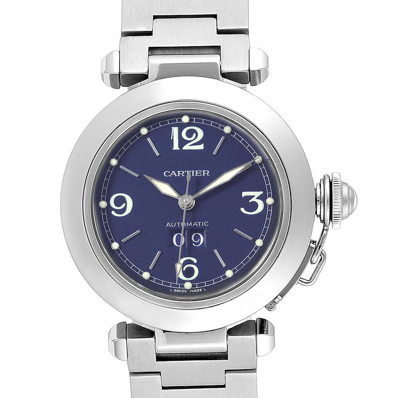 Cartier Pasha C Midsize Steel Blue Dial Big Date Watch W31047M7 SwissWatchExpo