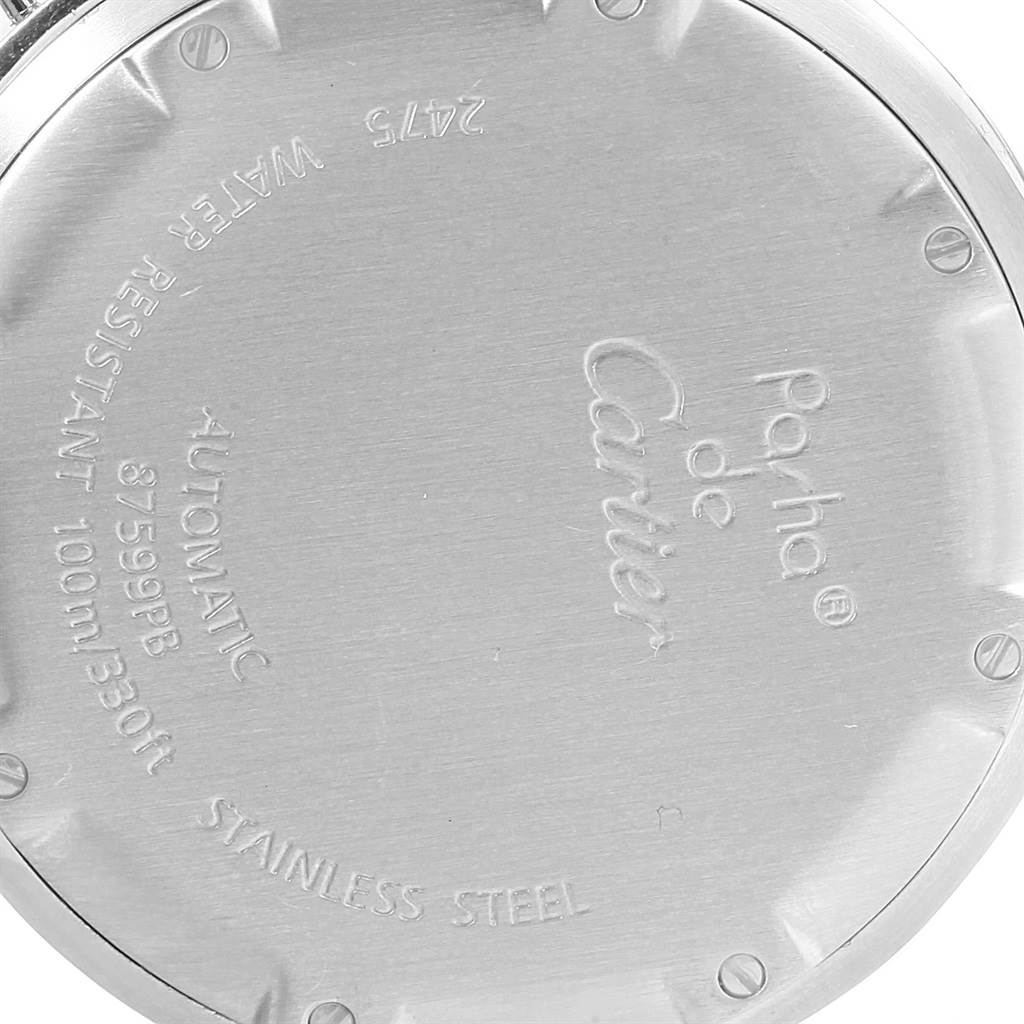 This image shows the back case of a Cartier Pasha W31047M7 Men
s Stainless Steel Blue Dial W31047M7 Men
s Stainless Steel Blue Dial watch, highlighting the engravings and material information.