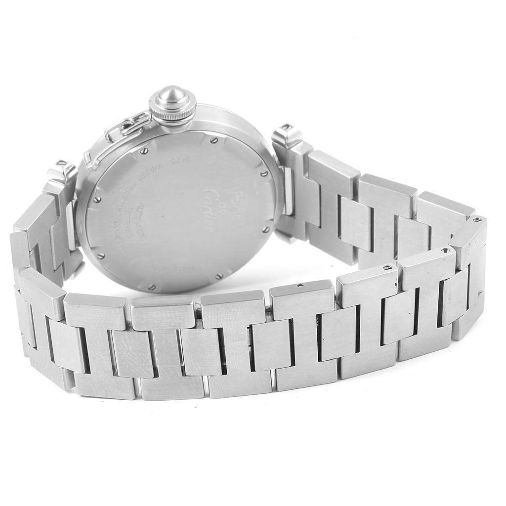 The image shows the back view of the Cartier Pasha W31047M7 Men
s Stainless Steel Blue Dial W31047M7 Men
s Stainless Steel Blue Dial watch, highlighting its metal bracelet and case back.