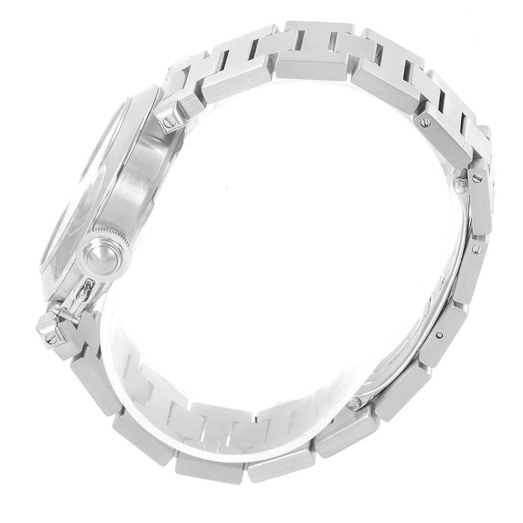 This image shows a side view of the Cartier Pasha W31047M7 Men
s Stainless Steel Blue Dial W31047M7 Men
s Stainless Steel Blue Dial watch, focusing on the case, crown, and bracelet.