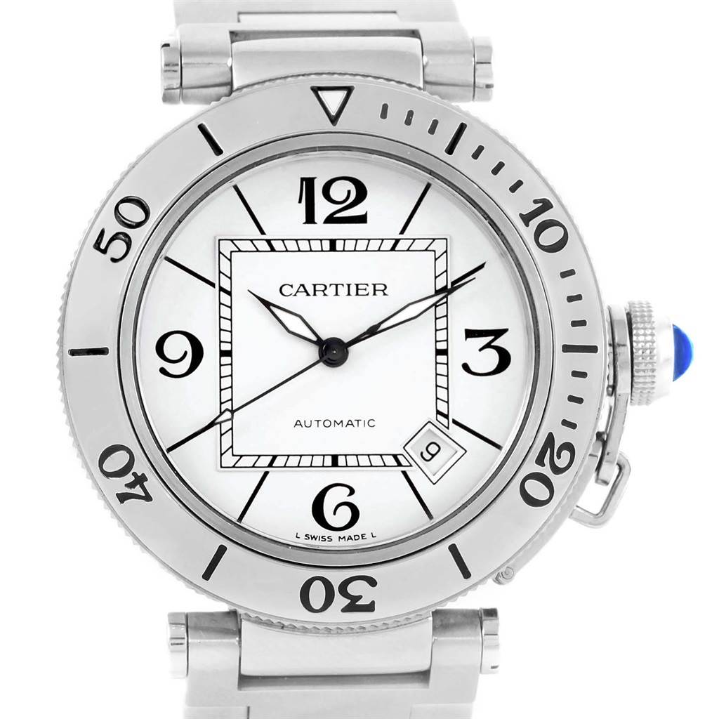 The image shows a front view of a Cartier Pasha W31080M7 Men
s Stainless Steel Silver Dial W31080M7 Men
s Stainless Steel Silver Dial model wristwatch displaying the dial, bezel, and bracelet.