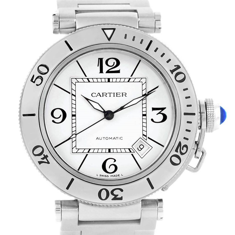 Cartier Pasha Seatimer Silver Dial Mens Watch W31080M7 Box Papers SwissWatchExpo