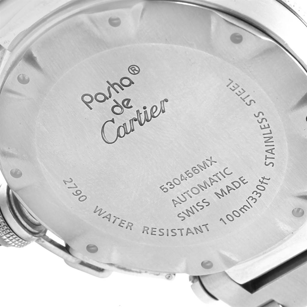 The image shows the back of a Cartier Pasha W31080M7 Men
s Stainless Steel Silver Dial W31080M7 Men
s Stainless Steel Silver Dial watch, highlighting the engraving and water resistance information.