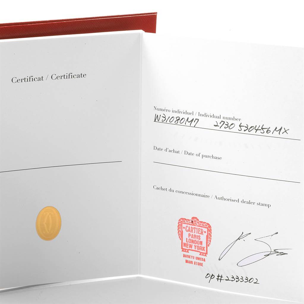 The image shows a Cartier Pasha W31080M7 Men
s Stainless Steel Silver Dial W31080M7 Men
s Stainless Steel Silver Dial model watch certificate with individual serial and purchase details.