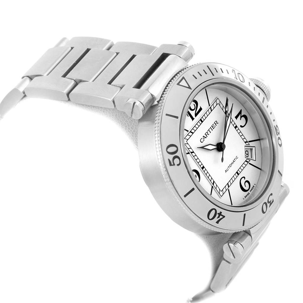 The Cartier Pasha W31080M7 Men
s Stainless Steel Silver Dial W31080M7 Men
s Stainless Steel Silver Dial watch is shown at an oblique angle, highlighting its bracelet, bezel, dial, and crown.