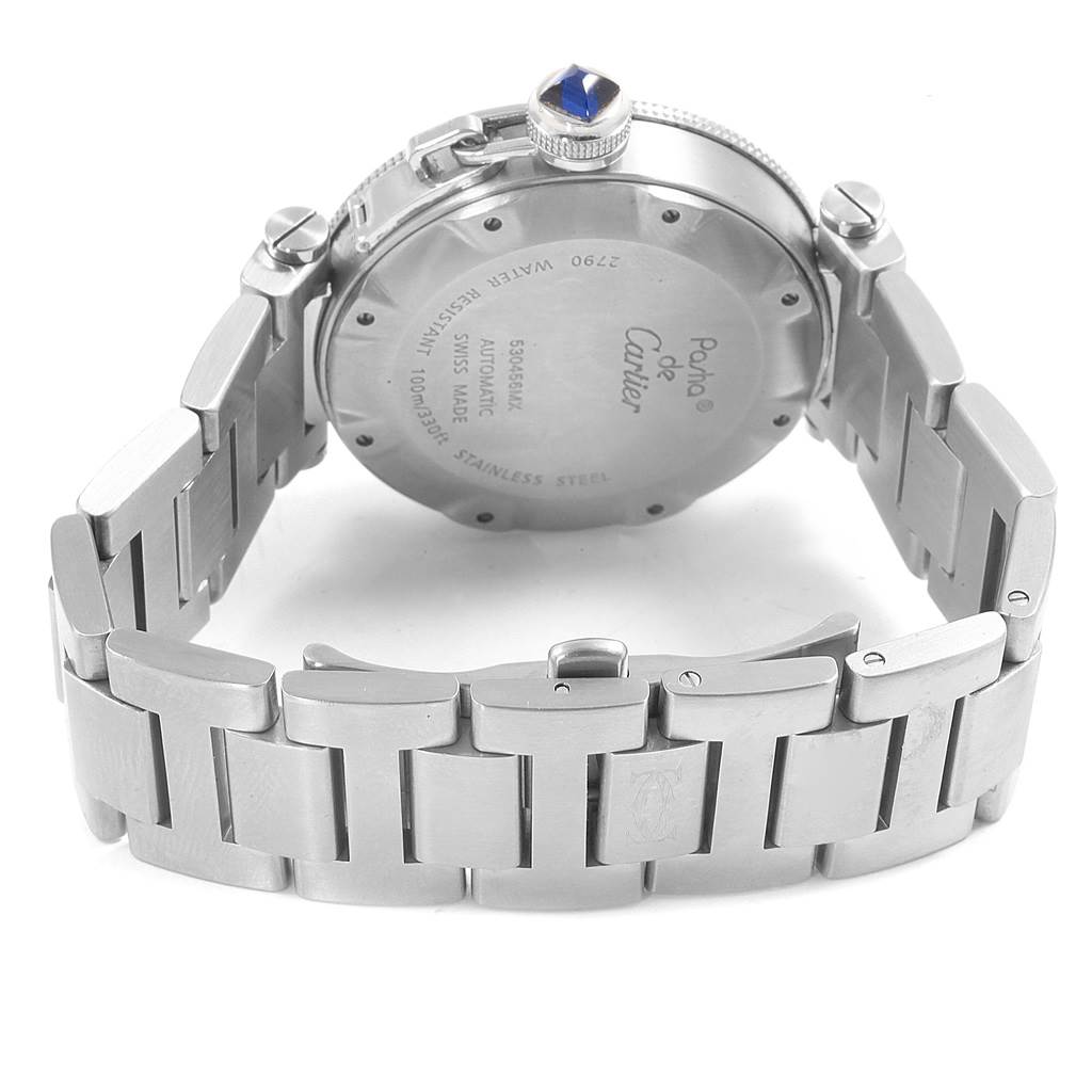 The image shows the back case, crown, and stainless steel bracelet of a Cartier Pasha W31080M7 Men
s Stainless Steel Silver Dial W31080M7 Men
s Stainless Steel Silver Dial watch at a rear angle.