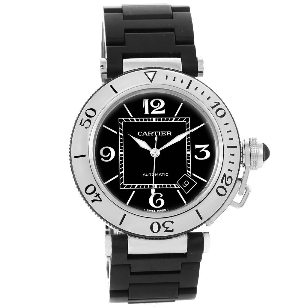 This image shows a front view of the Cartier Pasha W31077U2 Men
s Stainless Steel Black Dial W31077U2 Men
s Stainless Steel Black Dial model watch, highlighting its face, bezel, and part of the black strap.