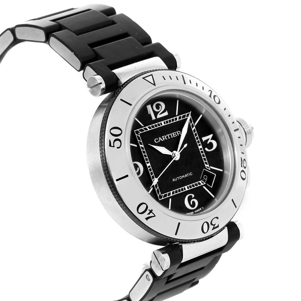 This image shows a Cartier Pasha W31077U2 Men
s Stainless Steel Black Dial W31077U2 Men
s Stainless Steel Black Dial model watch angled to display the face, bezel, and part of the band.
