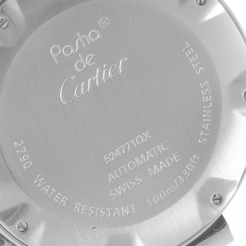 The image shows the back case of a Cartier Pasha W31077U2 Men
s Stainless Steel Black Dial W31077U2 Men
s Stainless Steel Black Dial watch, highlighting its specifications and branding.