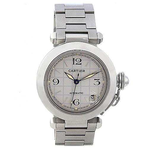 The image shows a front view of the Cartier Pasha W31023M7 Women
s Stainless Steel Silver Dial W31023M7 Women
s Stainless Steel Silver Dial watch, highlighting its dial, bracelet, and crown.