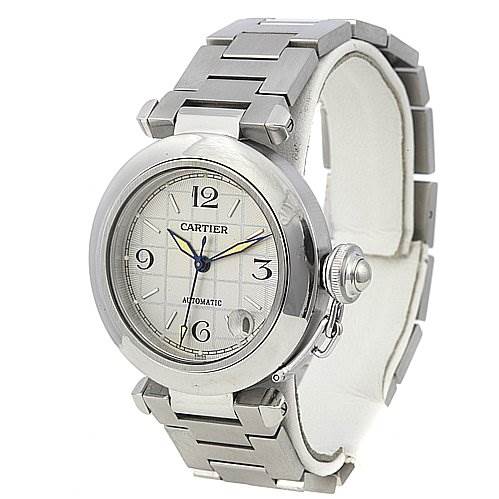 The image shows a Cartier Pasha W31023M7 Women
s Stainless Steel Silver Dial W31023M7 Women
s Stainless Steel Silver Dial model watch from a front angle, displaying its face, dial, and metal bracelet.